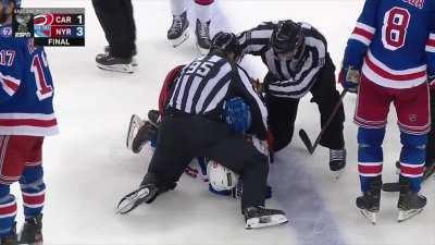 Domi and Lindgren get into it at the end of the game. DeAngelo starts yapping at the Rangers' bench and Gallant tells him to 