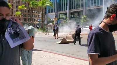 Just now on Broadway in downtown. Tear gas, paintballs, and flash bombs.