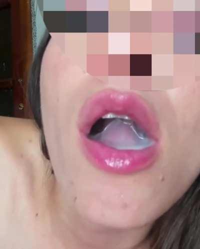 Cumplay. Pregnant girl gets huge mouthful of cum, squeezed every last drop, plays with cum, then swallowed all of it. Insatiable cheating cumslut.