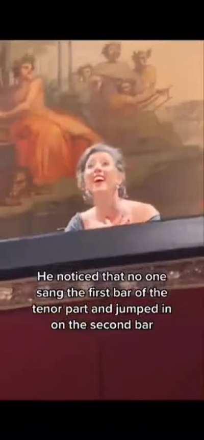 Soprano opera singer Lisette Oropesa had to perform a duet alone on stage as the tenor left before the encore... to her immense gratitude, an audience member trained in opera came to her aid.