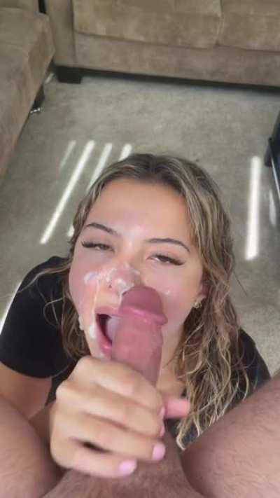 He leaks a lot of pre cum before finishing all over my face 🥵