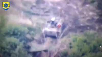 A Russian 9K35 Strela-10 met with the fine accuracy of Ukrainian artillery of the 56th Brigade, exploding spectacularly 