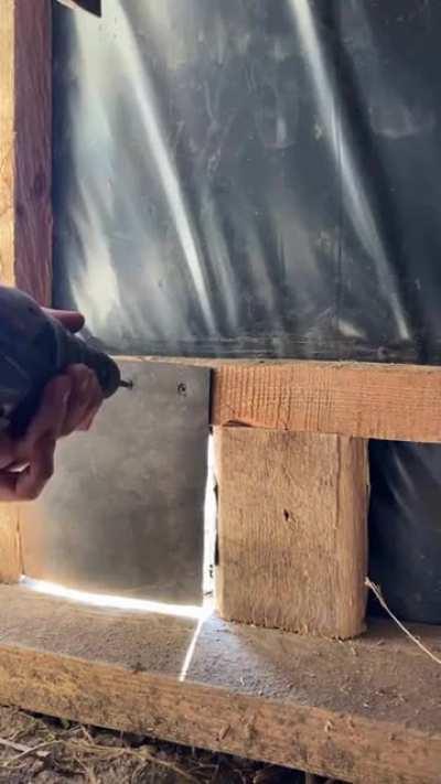 Ukrainian soldier makes a cat door in his trench.