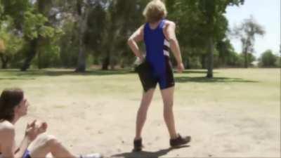 Guy catching laptop with his Butt