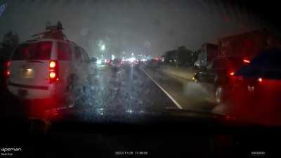 I was laughing a mile before that the suburban had a wheelbarrow strapped to their roof.