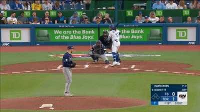 [Highlight] [Highlight] George Springer absolutely obliterates the first strike thrown by Drew Rasmussen. Rasmussen hadn't given up a run and had only given up three hits going into tonight.