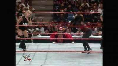 Jacqueline hilariously groans in pain after she misses Sable and her cunt hits the rope.