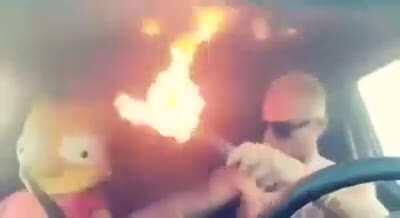 Bart and some dude raving in a car