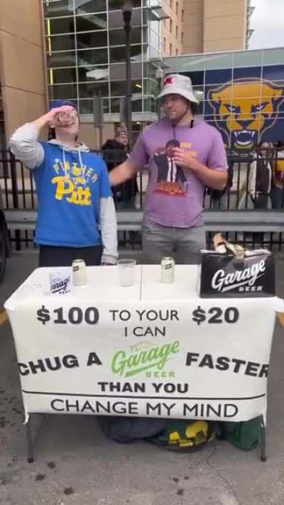 Crowd gathers and freaks at man’s beer chugging speed.