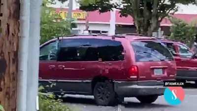At a taco bell in portland, a naked dude gets into a minivan, then a woman tries to break their window before a kid gets out to fight her
