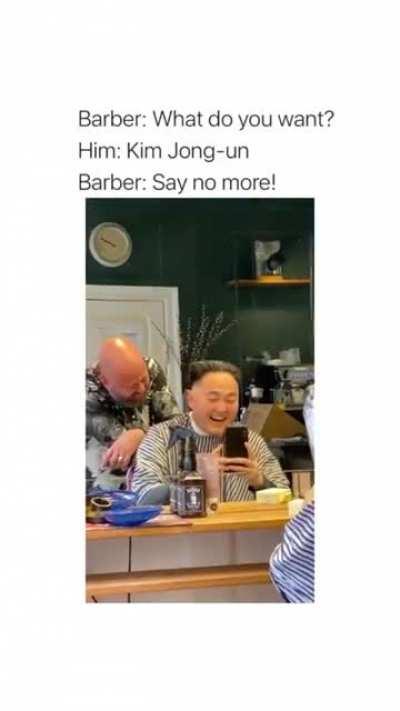 Just dudes laughing at a haircut
