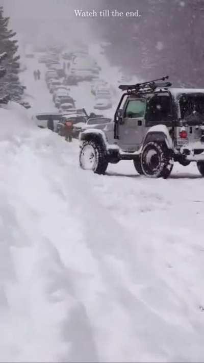 different angle and extended view of Jeep in Tahoe pileup