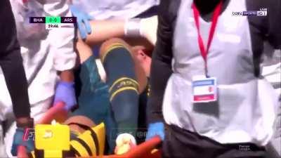 Bernd Leno confronting Neal Maupay