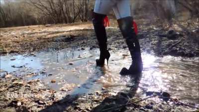 Thigh High Black shiny high heel boots - Wet and muddy