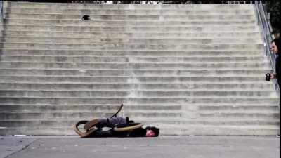 While jumping off stairs