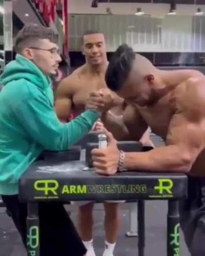 The 19 year old athlete defeated an opponent twice his size in arm wrestling