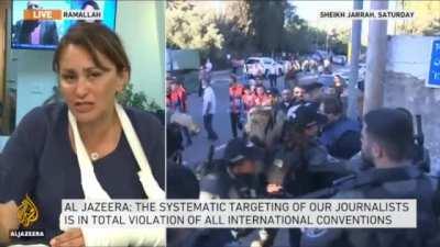 Follow-up on the attack on Al Jazeera journalist, Givara Budeiri. One of the Israeli soldiers told her: 'we will shut you up, you, all of Al Jazeera, here on the ground, so all of the journalists will shut up.'