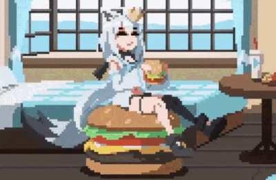 Shirakami Fubuki from Holo Live eats the borg while she seats on the borg