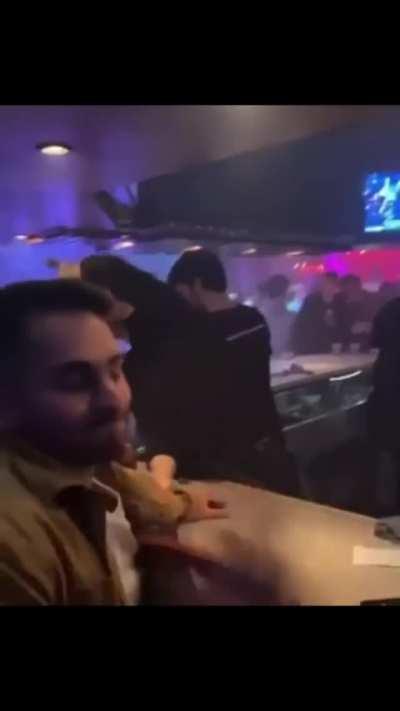 Watch this guy die inside after trying to steal a beer from the bar