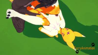 Naughty Digimon Tomon indulges in wild 3D furry action with a black dog. Get ready for some steamy scenes!