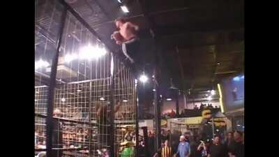 Jack Evans misses a Phoenix Splash off the top of a cage and then gets suplexed off the top of a cage to the outside of the ring.