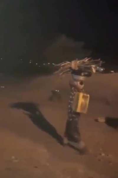 Woman strolling through a Pack of hyenas at night on her way back from work