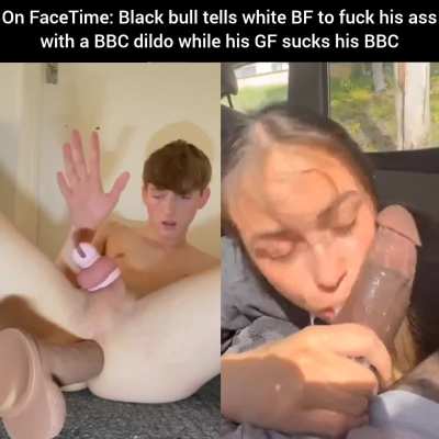 Twink BF fucks his ass with a dildo while his GF sucks BBC