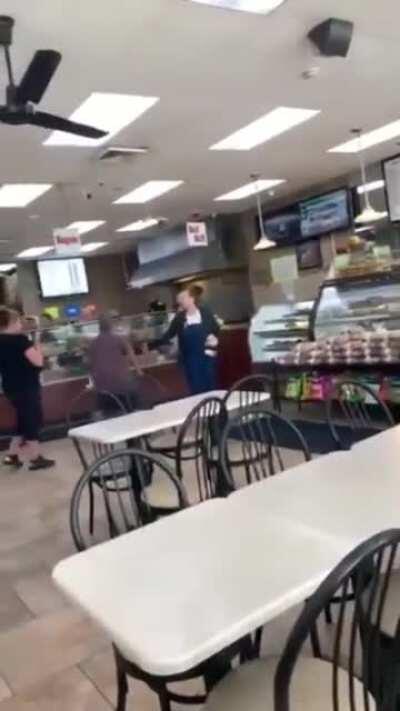 Man says he hates women in a bagel shop.
