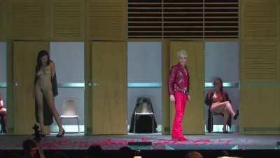 Clothed actor, naked actresses