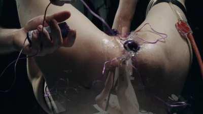 She's hung, hooded and has her asshole and pussy stuffed.