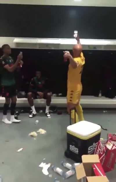 Pepe Reina celebrating Aston Villa’s safety from relegation