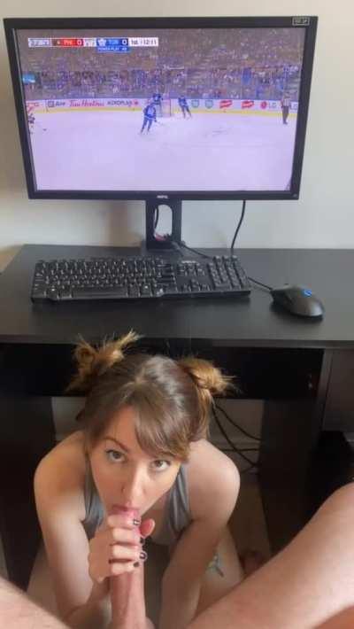 Told him he could watch the game as long as I could suck his cock