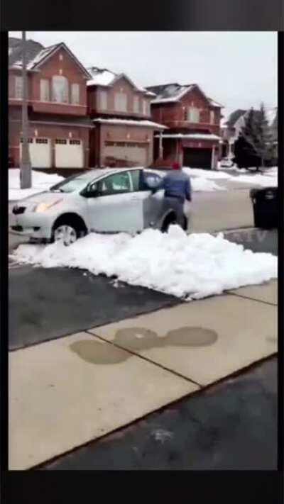 Guy attempts to steal package but gets caught. When he drives away his car gets stuck in snow