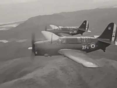 SB2C-5 Helldivers and F6F-5 Hellcats from French carrier Arromanches during the First Indochina War circa 1954