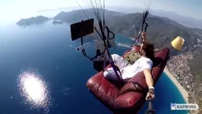Man makes a flying living room!