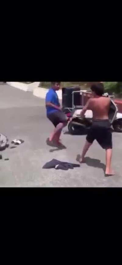 Shirtless kid tryna act big