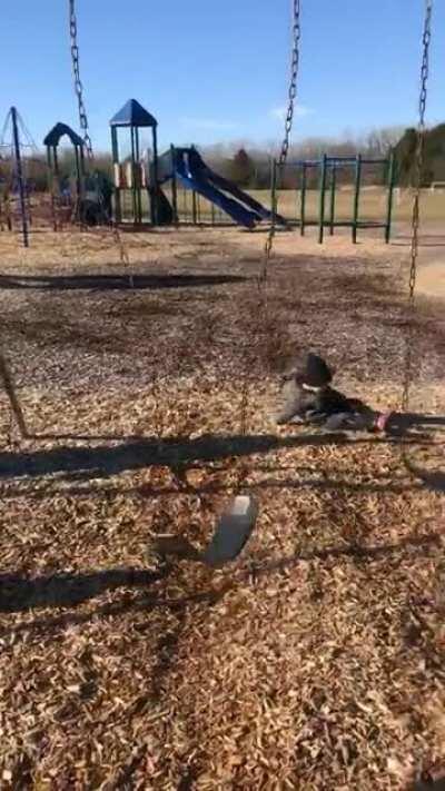 My 3 y/o practicing his jumps off the swing set today. Nailed it.