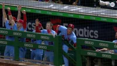 Lars Nootbaar grabs the pepper grinder after Albert Pujols hits #696.