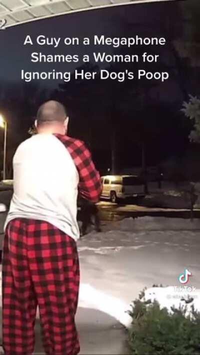 Bull-horn Pajama man tells Karen what's up.