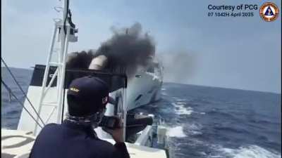 A China Coast Guard cutter tries to ram the smaller Philippine Coast Guard cutter as the PCG ship tries to shoo away the CCG ship, as its intruding the waters off the main island of Luzon.