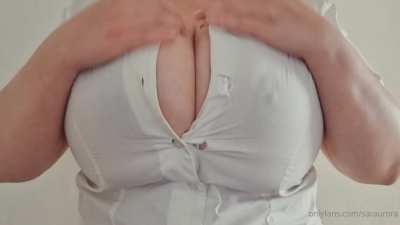 Busty British Beauty Breaks Buttons