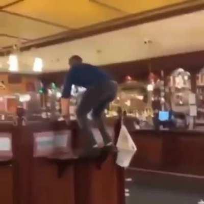 HMFT after attempting parkour inside a restaurant