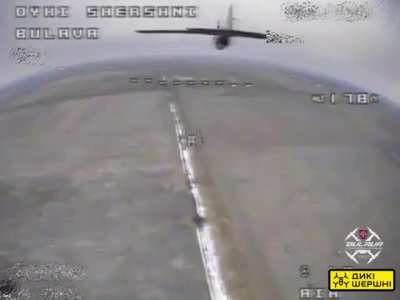 The FPV drone watches the FPV drone of the BULAVA division operators, which hit the Russian Privet-82 drone. March 2025, somewhere in the airspace.