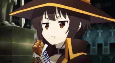 A leftover from the infamous Snickers meme: A gif of Megumin eating a Snickers.