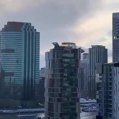 Boeing C-17 Globemaster flying at low altitude through Brisbane, Australia.
