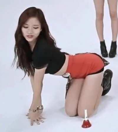 Mina - red shorts, black top