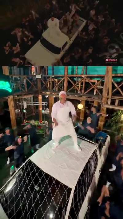 Employees of Las Gaviotas Cevicheria in Lima Peru recreate Bad Bunny half-time performance