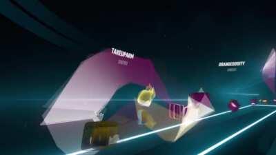 Dude playing beat saber like his life depends on it (he's probably just lagging but it looks funny)