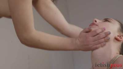 Bound Casey Calvert sucks Juliette March's strapon