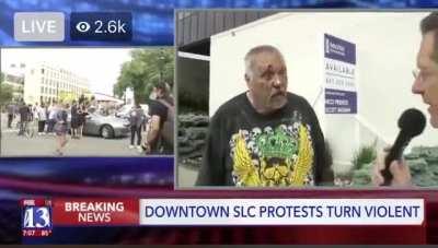 Man brought a bow and arrow to a peaceful protest and was aiming it at protesters. Here he tries switching the story making it seem like he was attacked